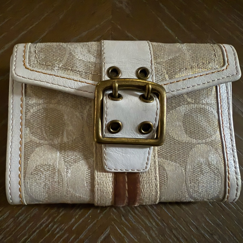 Vintage Coach Cream and Brown Wallet with Gold Buckle